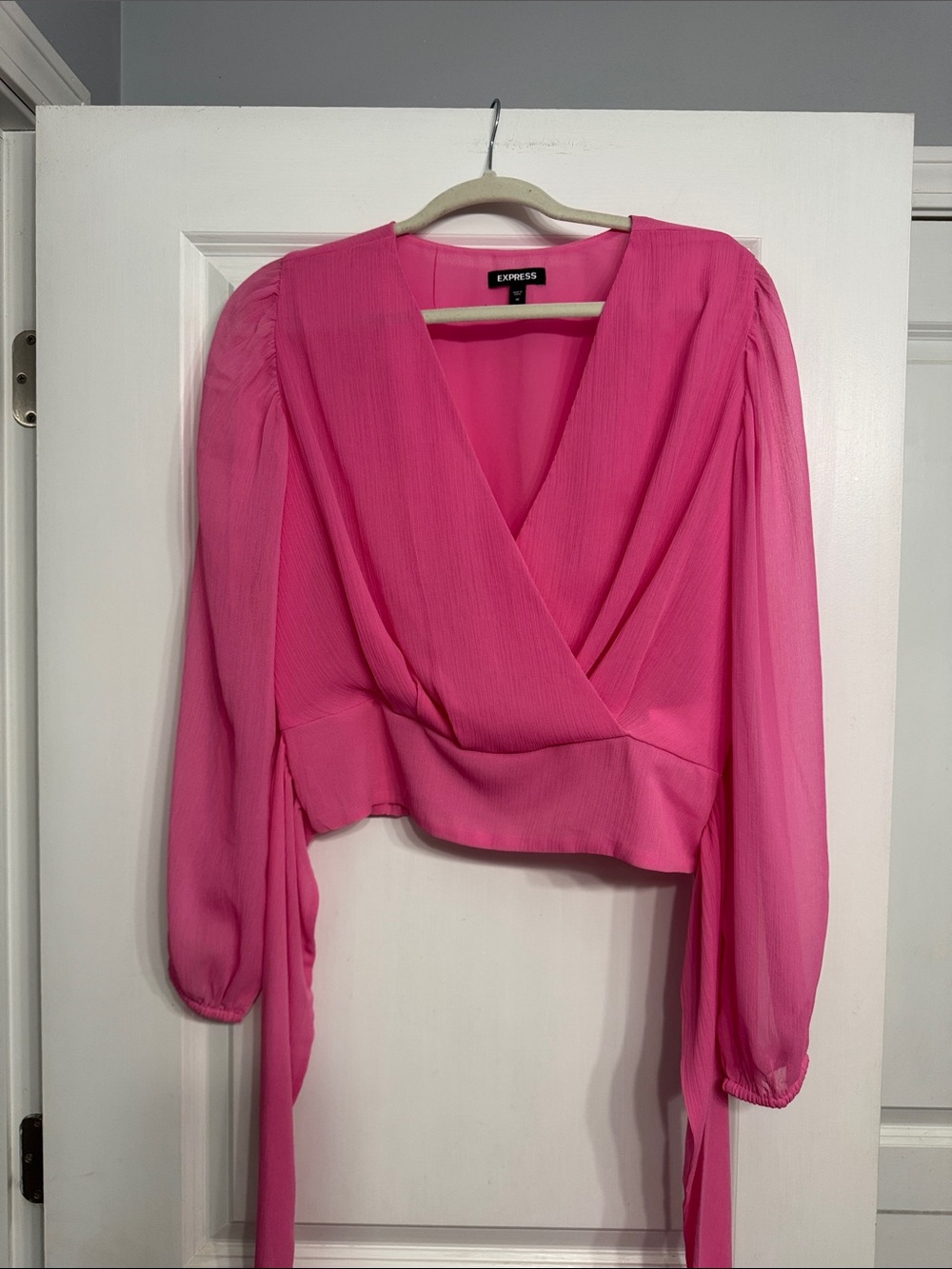 Express Hot Pink Wrap Blouse with Puff Sleeves